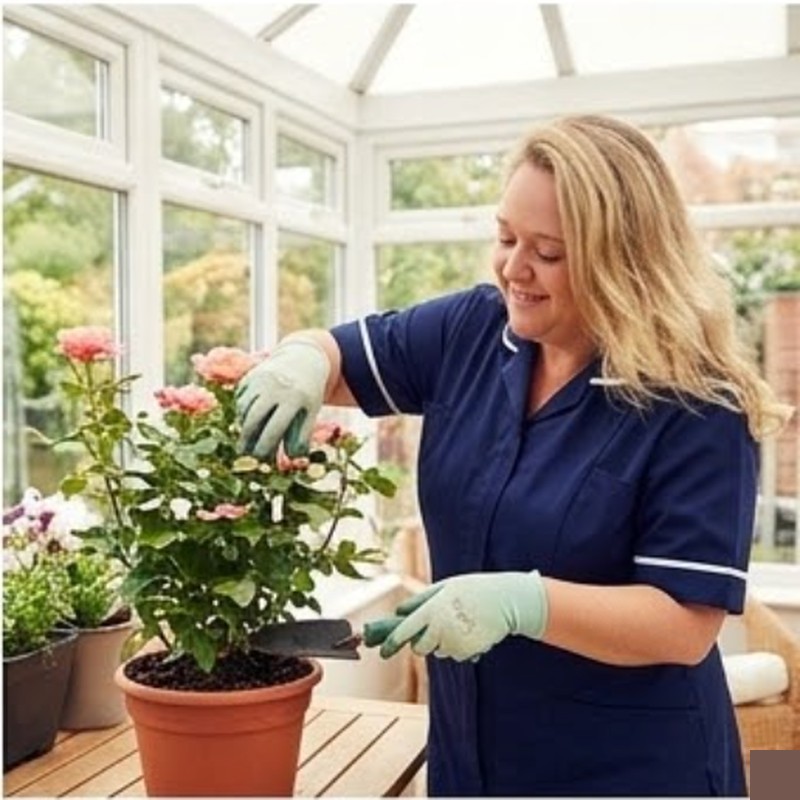 Sarah tending to indoor plants